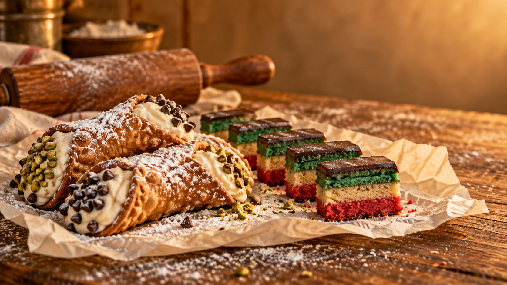 Illustrative cannoli and tri-color cookies on cream bakery paper