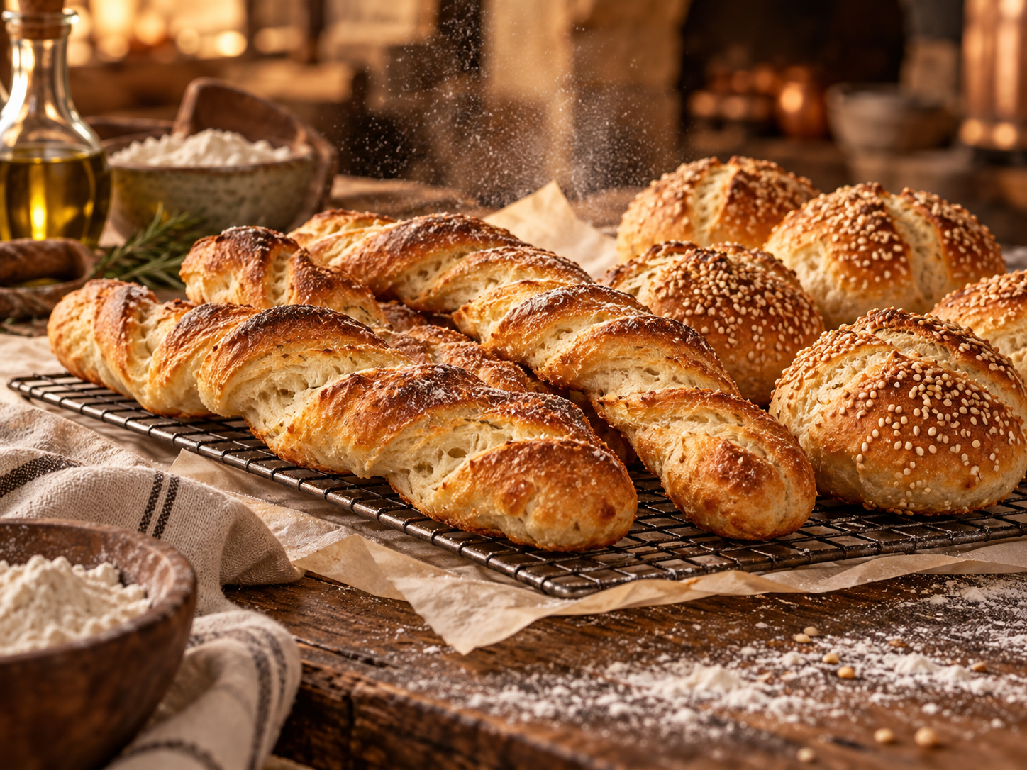 Illustrative golden twist breads and rolls cooling on a rack
